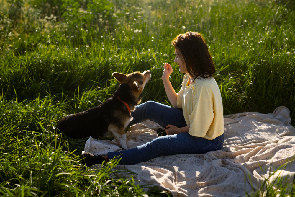 perro en la naturaleza con su dueña